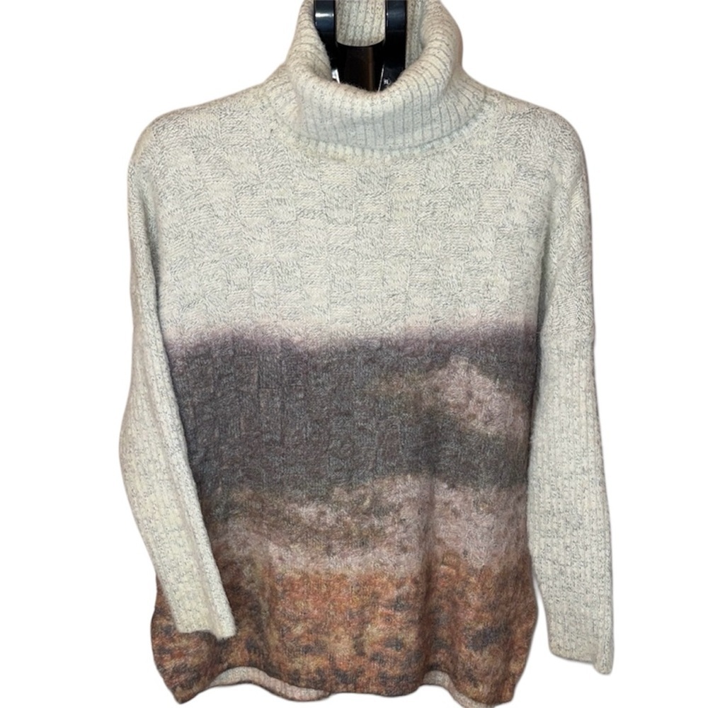 Bohemian Abstract Mountain Landscape Turtleneck Pullover Muted Earthy Tones XL - Picture 2 of 8